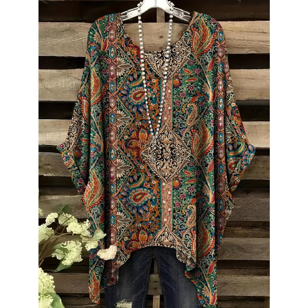 Летняя женская футболка в этническом стиле с принтом, удлиненная спереди, с круглым вырезом, повседневная, удобная, футболка в стиле Y2k, винтажная женская футболка с коротким рукавом