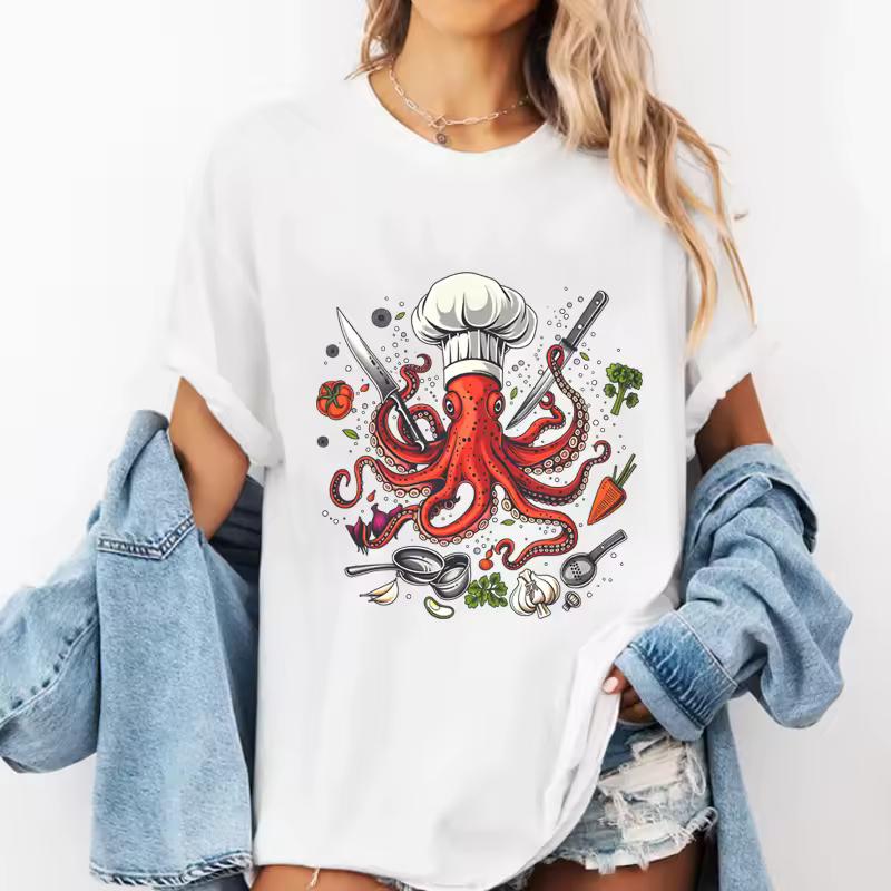 Octopus Chef T-Shirt Funny Octopus Cooking t Shirt men women Funny Chef Tshirt Sushi cotton short sleeve round neck tshirts