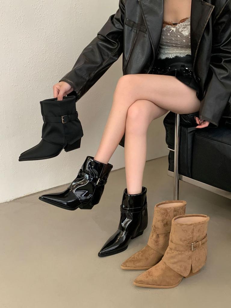 European and American Thick Heel Suede Belt Buckle Trouser Boots French Temperament Pointed Short Boots Women's Boots New In Autumn 2025