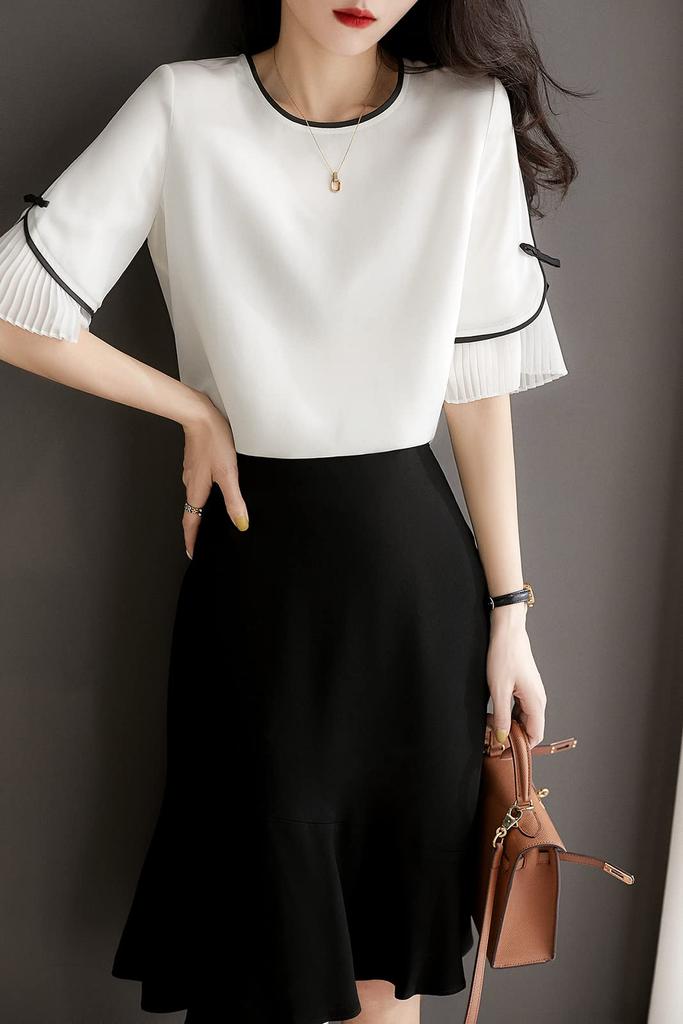 Блузка Летний Топ Короткий Рукав Круглый Вырез Пуловер Шифон Плиссированные Рукава Свободный Крой Стильный Женственный Чистый [Seira] Женская Футболка