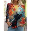 Art Cute Cat 3D Print Women's Fashion O-Neck  Long Sleeves T-Shirt