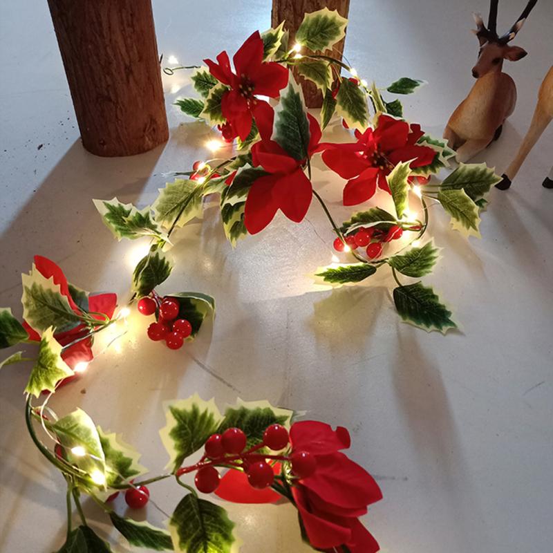 Искусственные гирлянды из пуансеттии, декоративные гирлянды с красными ягодами из ротанга на Рождество