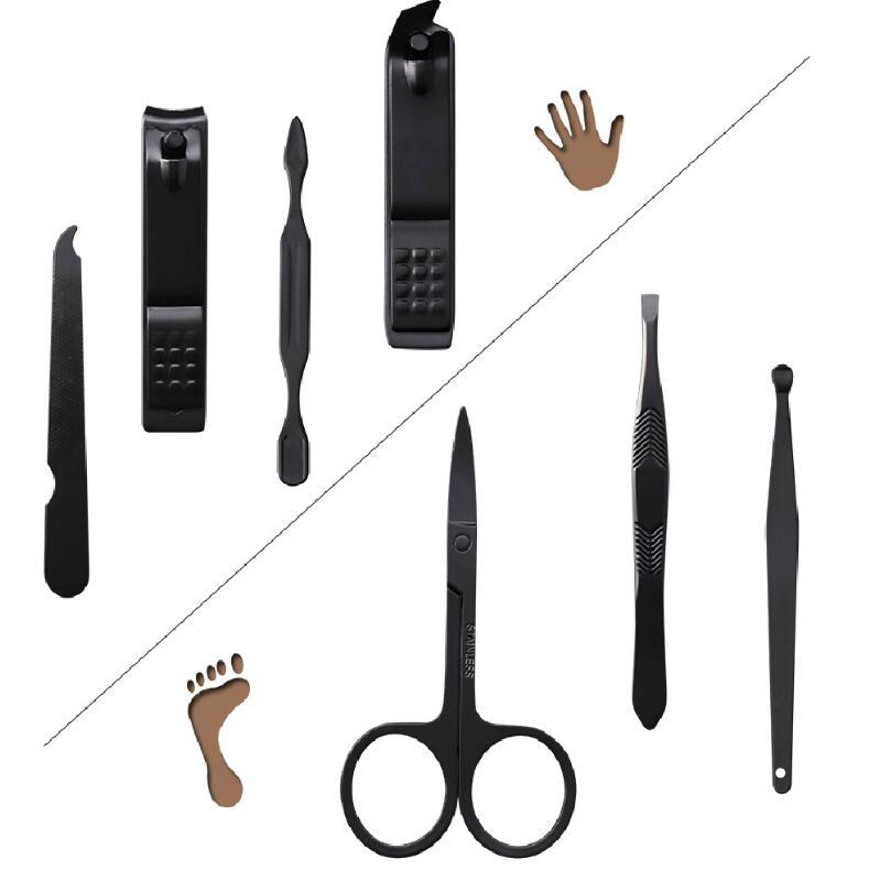 Набор из 7 предметов для маникюра и педикюра, портативный, из нержавеющей стали, черный, ножницы, пинцет, инструменты для ногтей