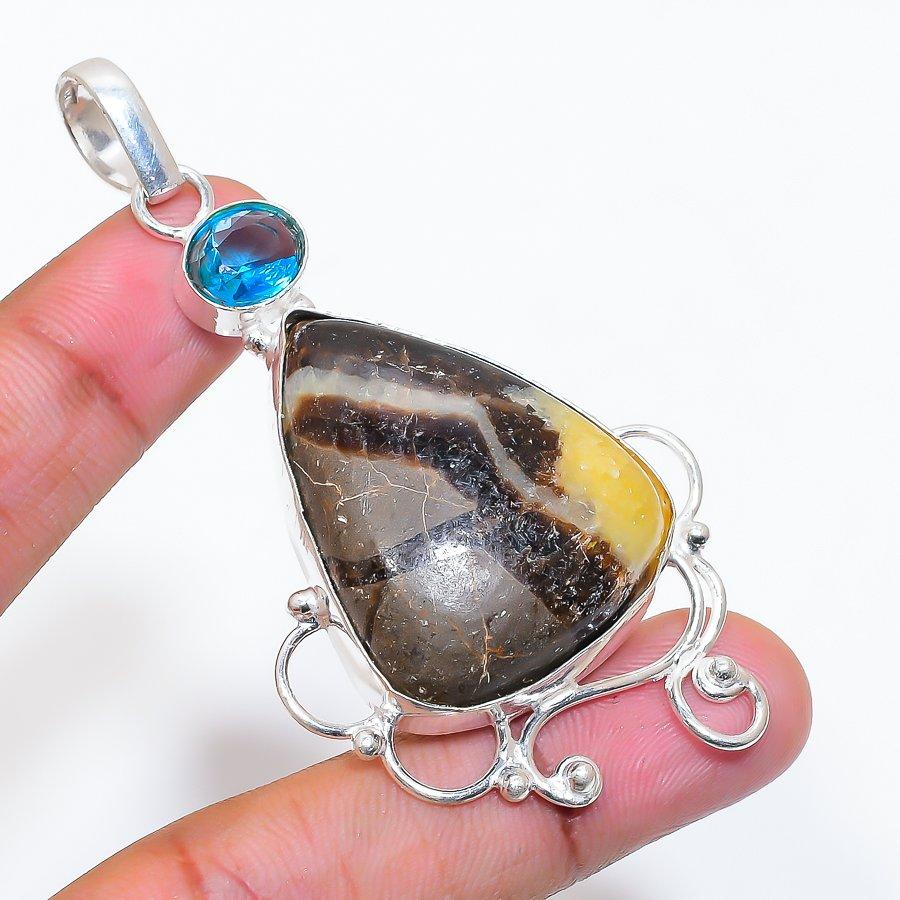 Natural Septerian Stone, Topaz 925 Sterling Silver Jewelry Pendant 2.96" ZS-305