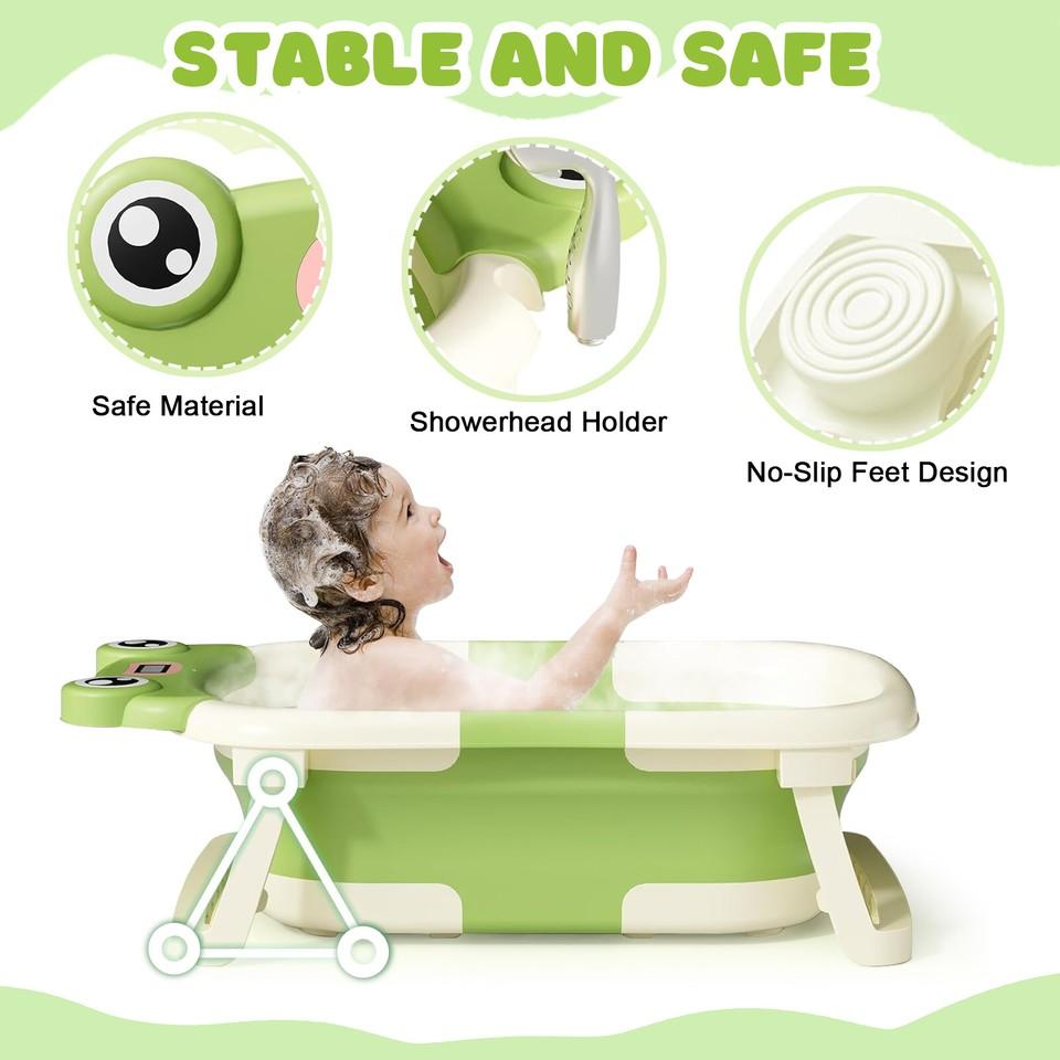 Foldable Baby Bath Tub Ergonomic With Temperature & Cushion Bath Pad + Bath Net