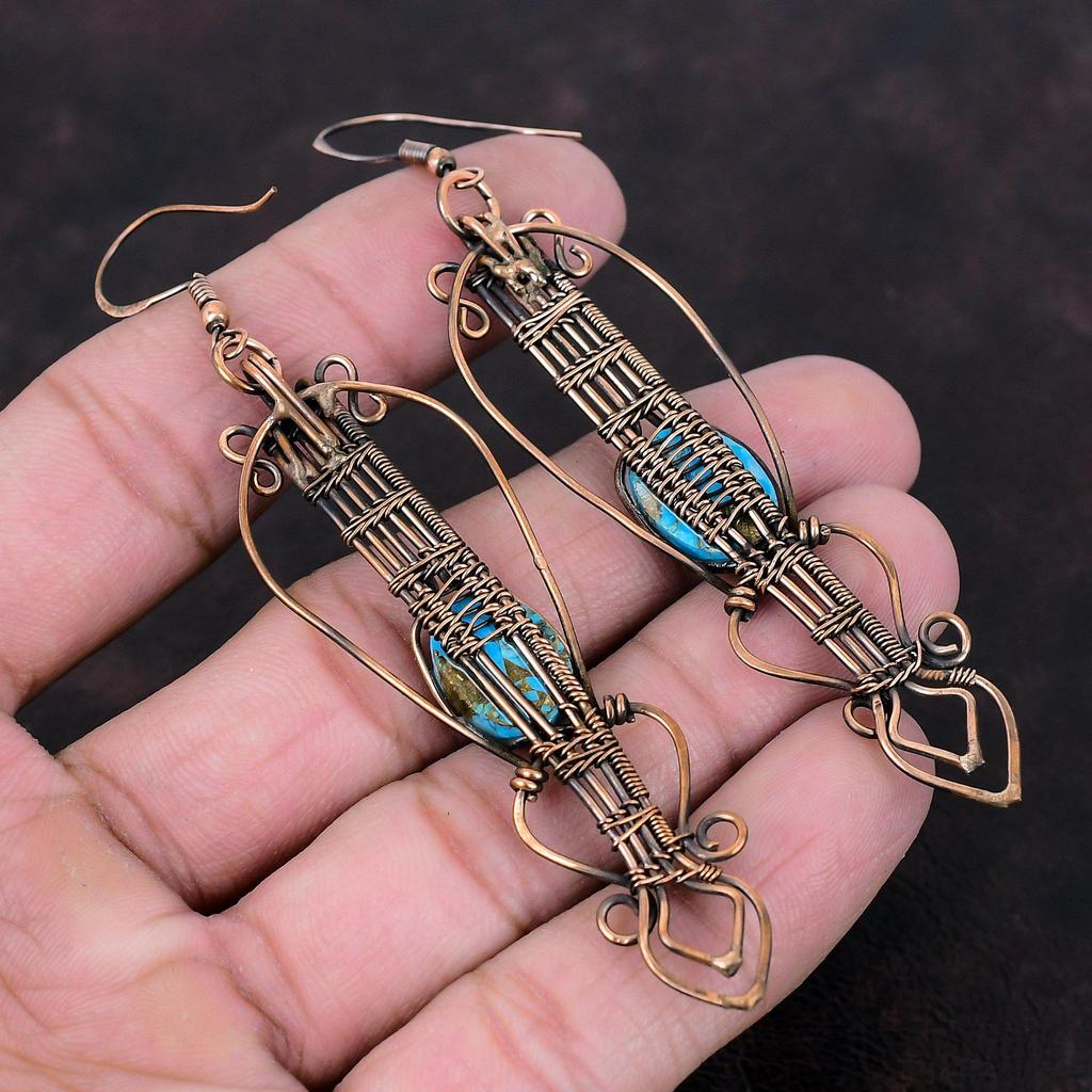 Медно-голубая бирюзовая серьга, медная проволочная обернутая серьга, драгоценный камень, медные украшения, серьги ручной работы, проволочная обертка, уникальные серьги для подарка