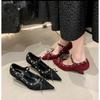 Fashion Retro Designer Red Bowknot Heel Women Shoes Fashion Pointed Toe Rivet Pumps Stripper Party Fotwear Female Wedges Mary Jane Shoes