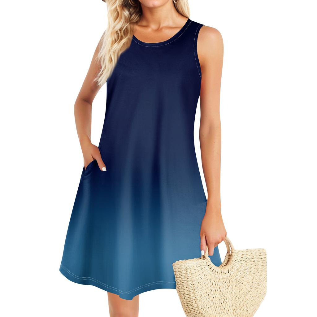 Summer Dresses For Women Beach Boho Sleeveless Vintage Printing Flowy Pocket Tshirt Tank Sundresses