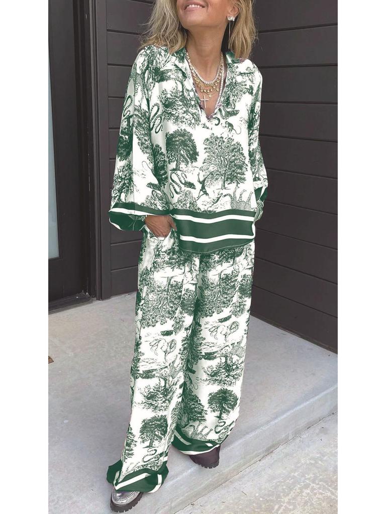 2024 V-neck Print Long Sleeve Women's Fashion Set with Pockets