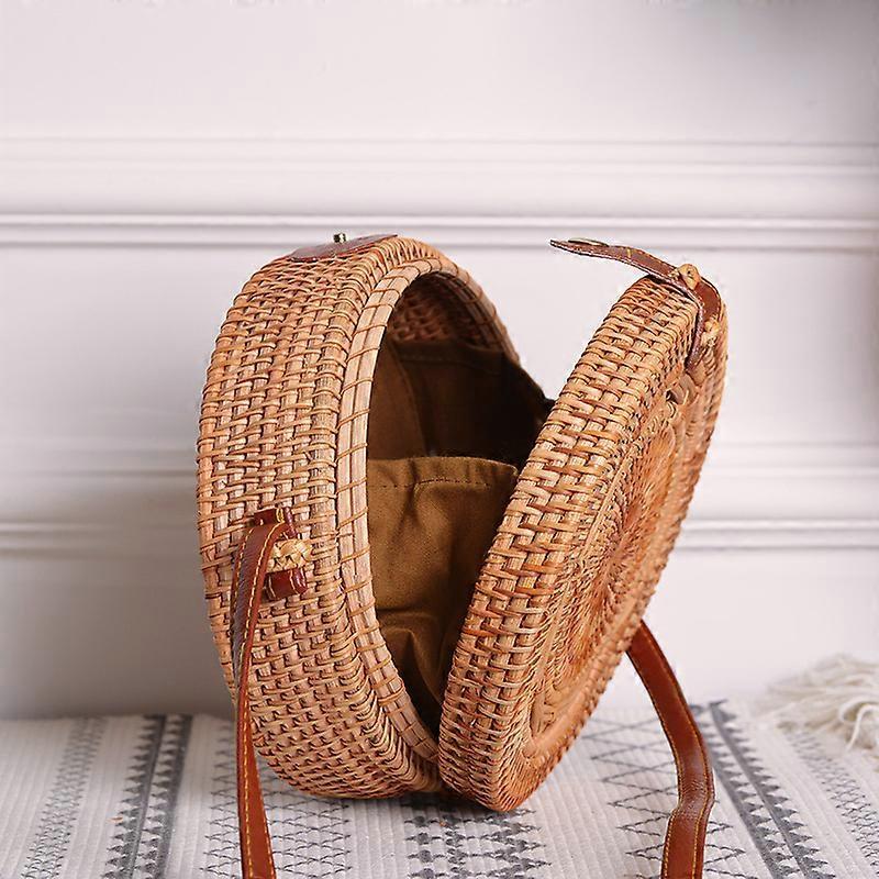 Handwoven Round Rattan Bag Shoulder Leather Straps Natural Chic H