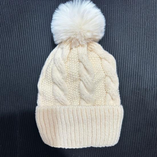 Unisex Winter Beanie Knitted Thick Folded Brim Solid Color Stretchy Pom-Pom Hat Ear Protection Piled Hat Windproof Cold Weather Warm Headgear