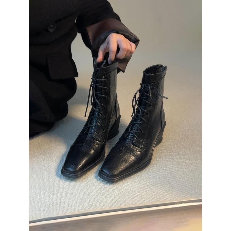 Ботильоны из вымытой коровьей кожи на танкетке, толстой подошве, увеличивающие рост, кожаные эластичные тонкие ботинки, женские ботинки из головной кожи, ретро, универсальные короткие ботинки