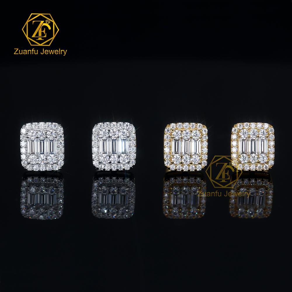 Women Luxury Gold Plated 925 Sterling Silver Iced Out Baguette VVS Moissanite Halo Stud Earrings for Men Hip Hop Diamond Studs