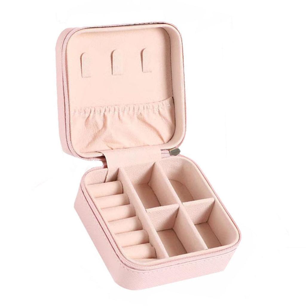 Portable Jewelry Case Multiple Grids Lightweight Mini Travel Jewellery Box with Zipper for Home Business Trip Pink