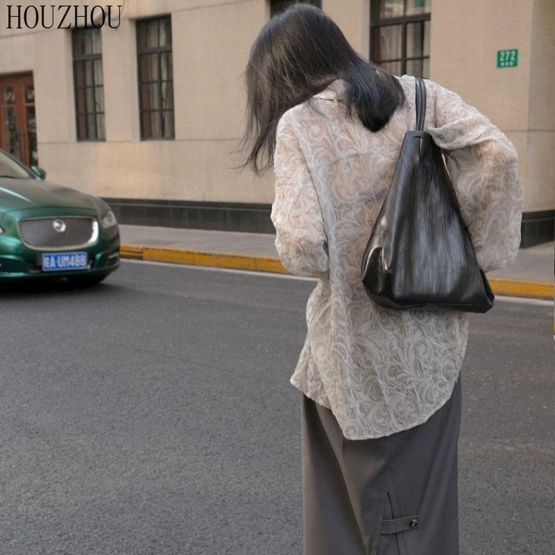 HOUZHOU Рубашка с принтом, женская цветочная весна, черные элегантные и шикарные винтажные свободные топы большого размера с длинными рукавами