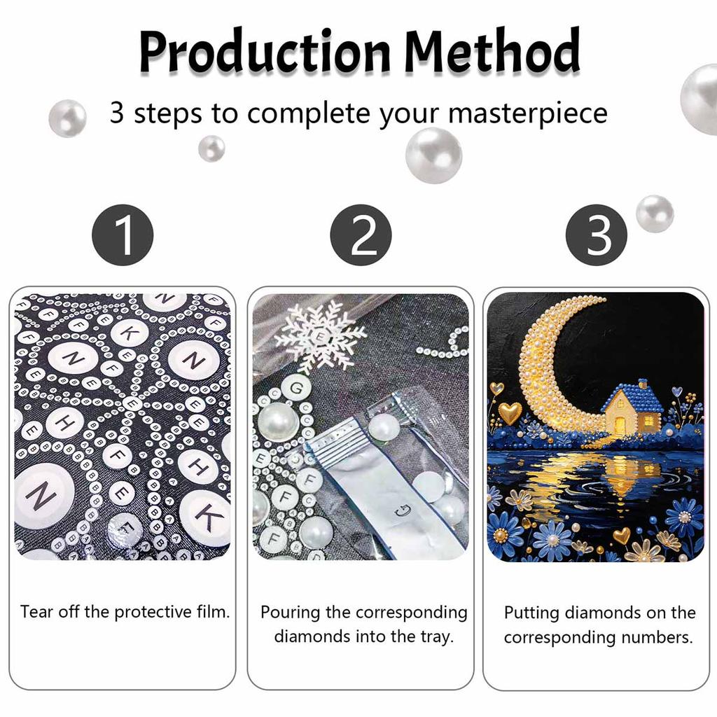 Pearl painting diy sticky diamond creative crescent moon cottage lake flowers diamond painting kit living room hanging painting