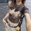 T-shirt Women Retro Sexy Cartoon Cat Print Short-sleeved Half-turtleneck Crop Top Gothic T-shirt