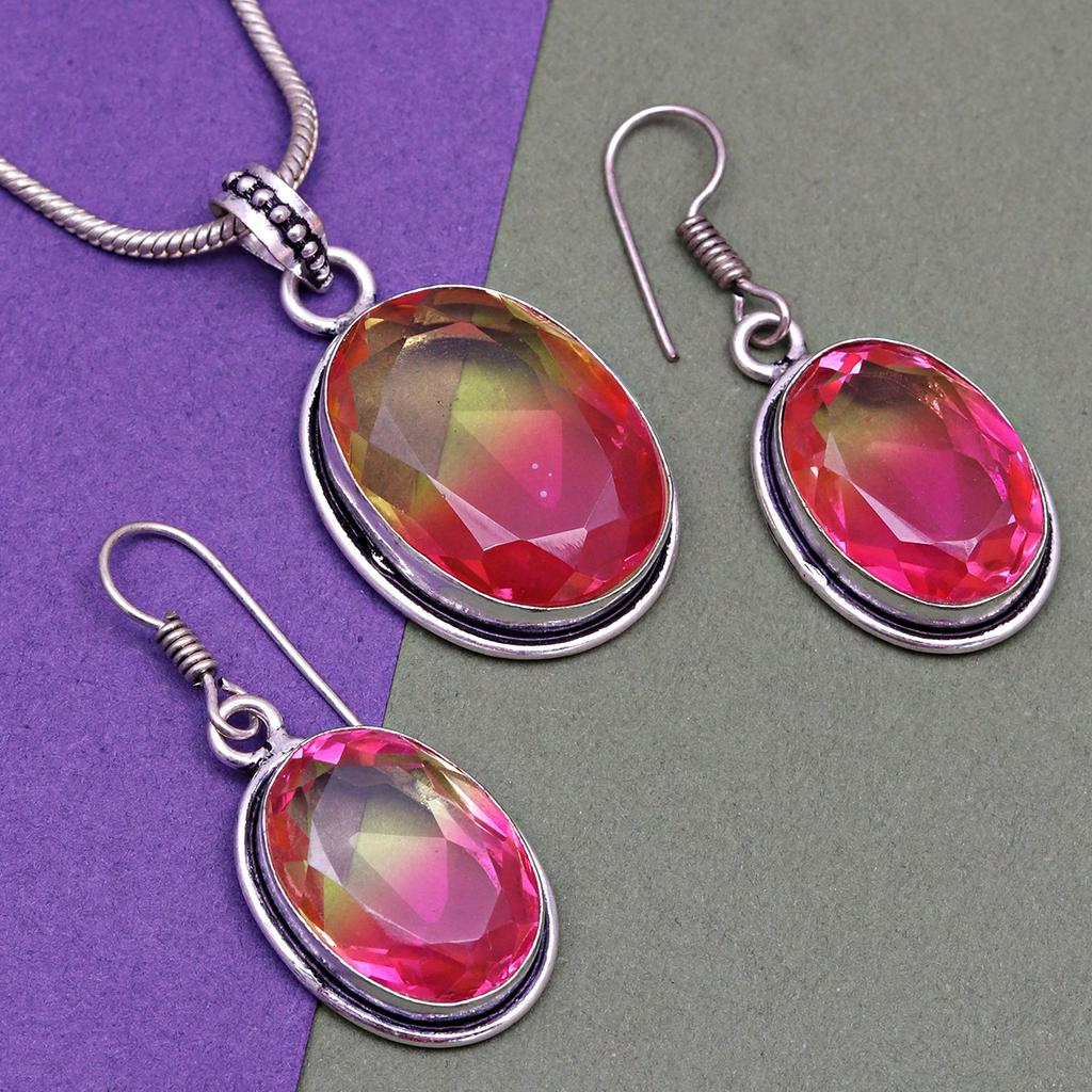 Tourmaline Set Gemstone Gift Wedding Party Bi-Color Pendant,Earring,Ring