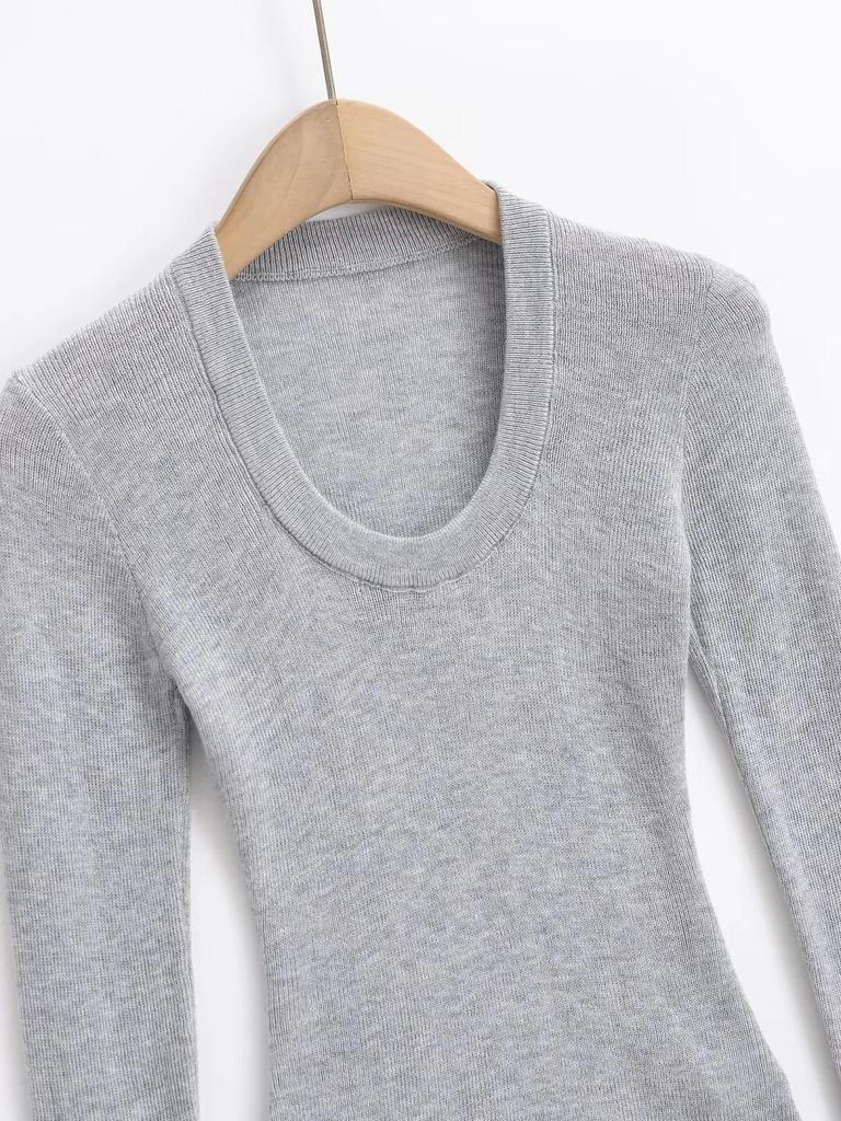 Весна 2025 Трикотаж из шерсти с U-образным вырезом: Прозрачный топ облегающего кроя с длинным рукавом