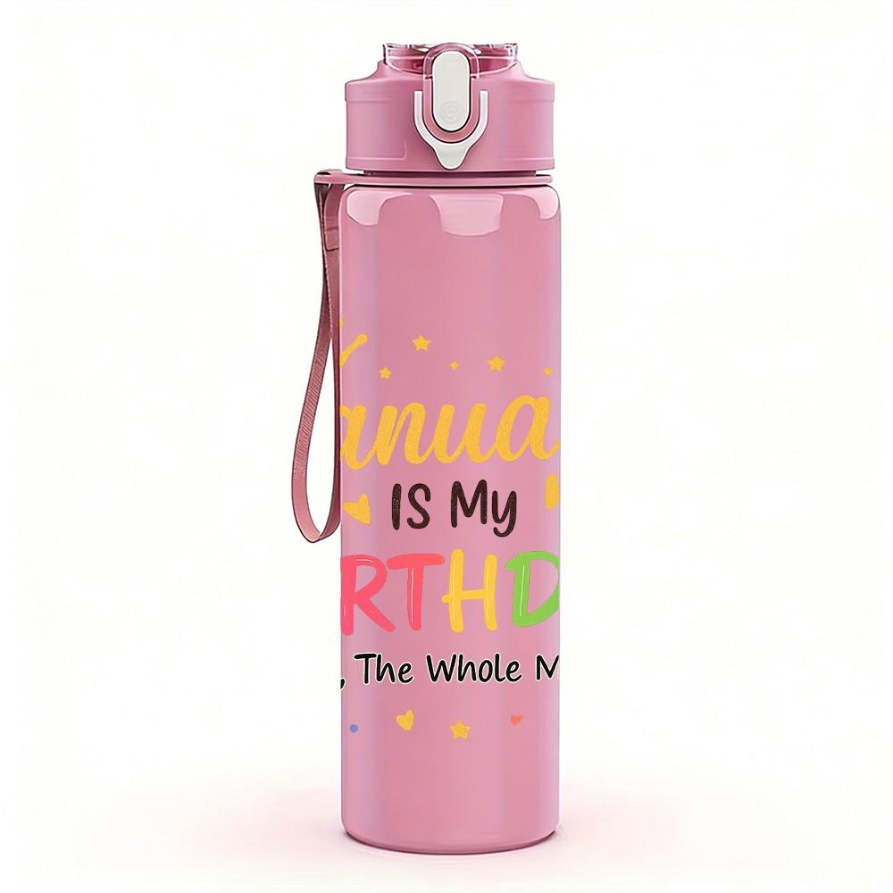 1PC January Birthday Confetti Text 750ml Color Plastic Sports Water Bottle Leakproof Flip Straw Lid Suitable for Sports Office Home Use