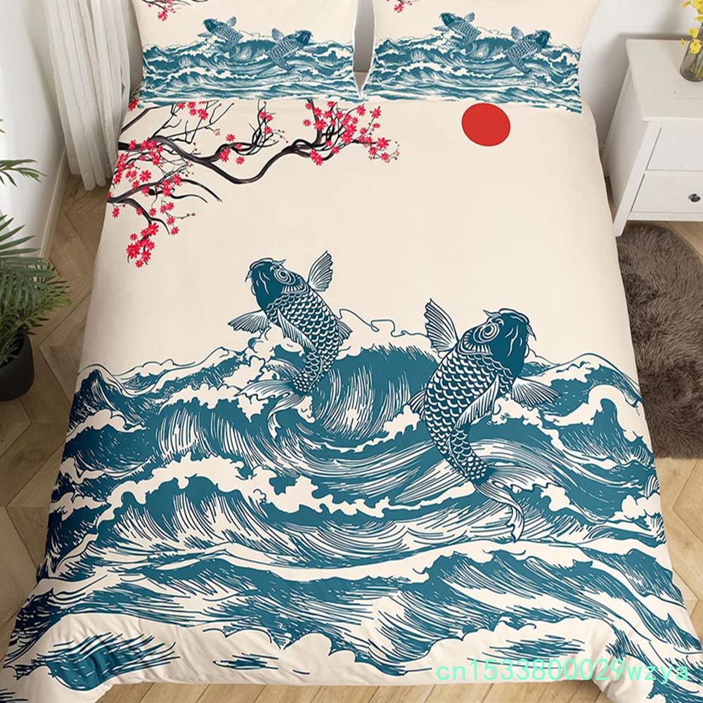 Пододеяльник Koi King Cherry Blossom Комплект постельного белья Ukiyo-e с изображением морских животных в японском стиле с изображением сакуры, розовый романтический пододеяльник
