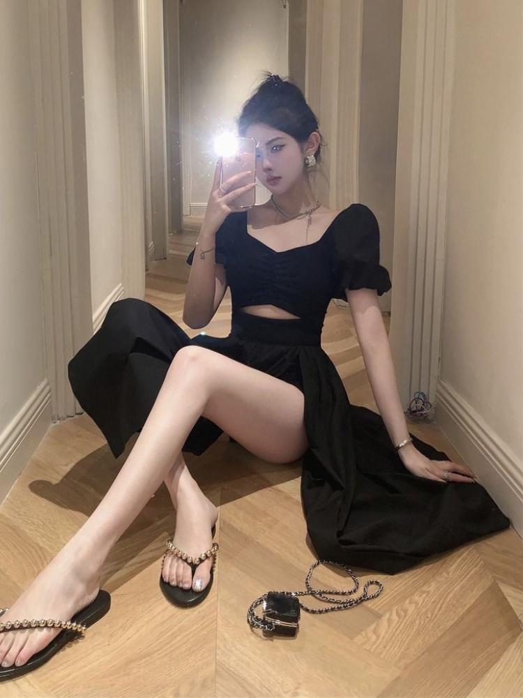 Новое винтажное французское длинное платье с открытой вилкой, женское черное элегантное вечернее платье макси с вырезами, женское сексуальное клубное платье в корейском стиле