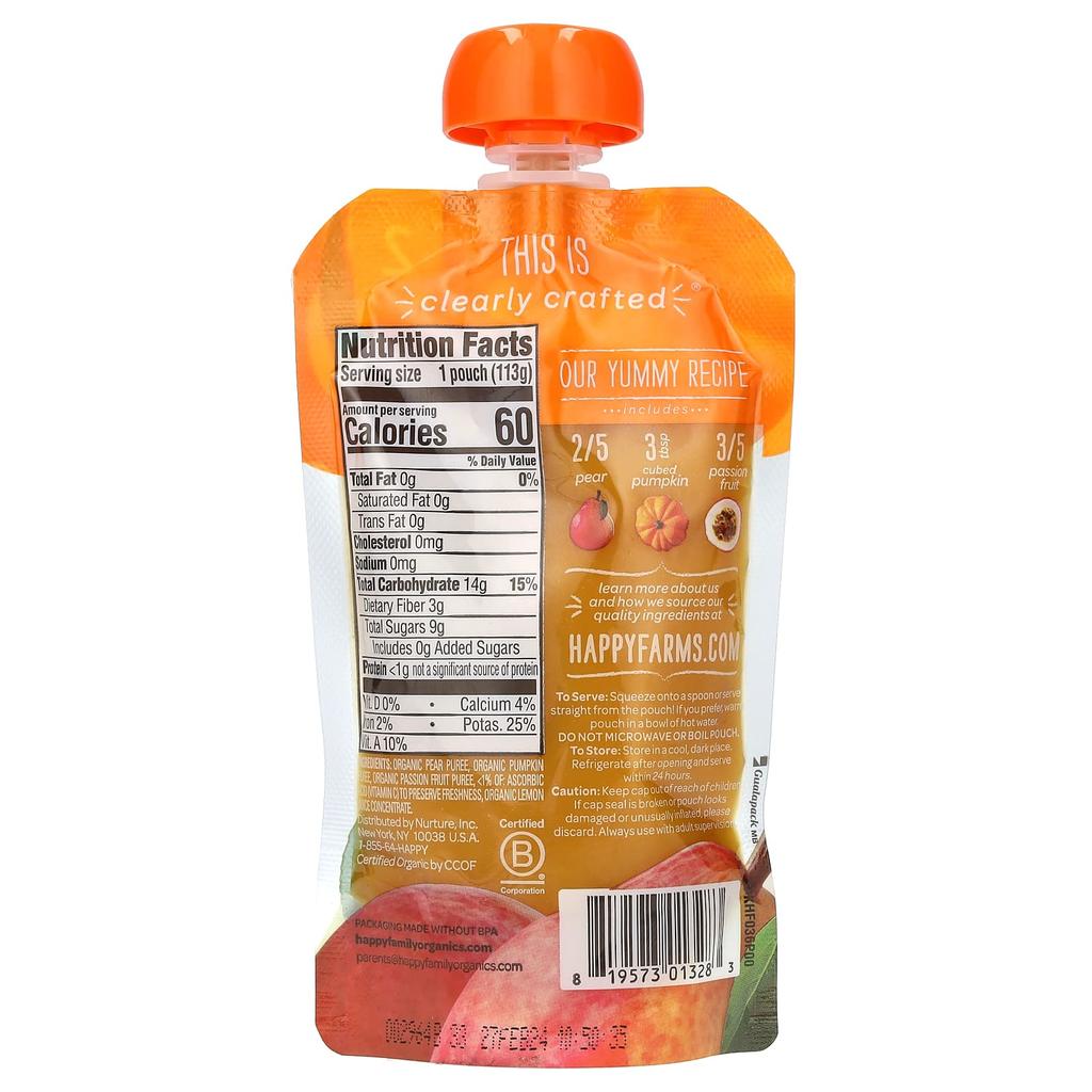 Happy Family Organics Organic Baby Food, Stage 2, 6 Months and Up, Pear, Pumpkin, Tropical Fruit, 4.0 Oz (113 G)