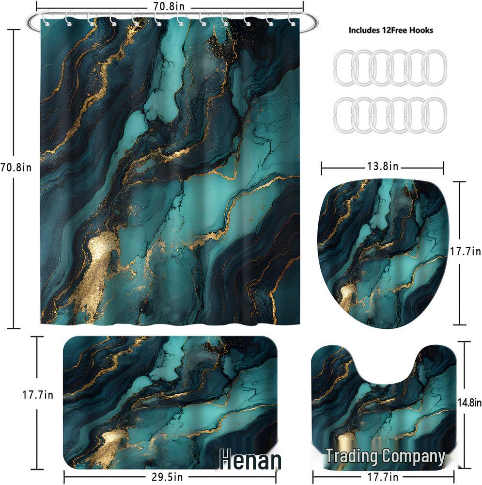 Элегантный мраморный набор для ванной: Шторка для душа, Нескользящий коврик для ванной, Чехол на крышку унитаза, Коврик для ванной комнаты и 12 пластиковых крючков.