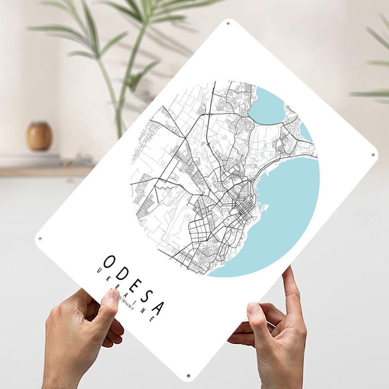 Odesa City Map Ukraine Circle Tinplate Poster Custom Wall Art Vintage Metal Signs Retro Tin Plaque for Bedroom Decorations House
