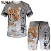 YUHA,Tiger King 3D Printed Men's T-shirt+Shorts Suit Unisex Cool Animal Summer O-Neck Tops Men/Women Couple Sport Wear Tracksuit