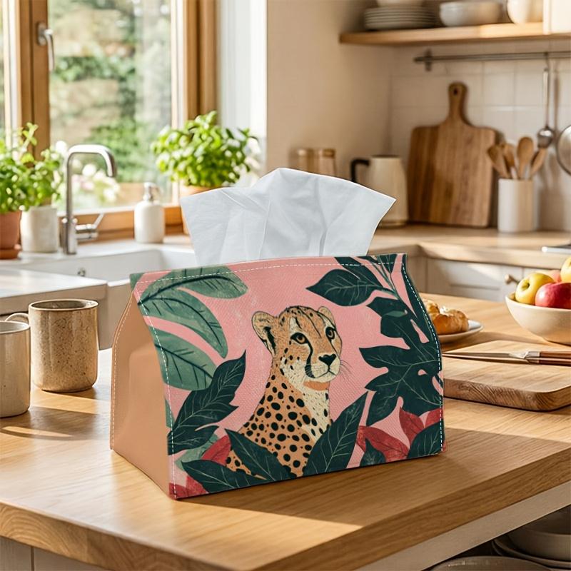 1pc Tissue Box, Featuring a Pop Art Design with Multifunctional Fabric, Showcases Leopard And Tropical Scene Patterns. It's a Practical Storage Option