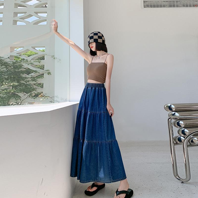 Cake Denim Skirt Women's Elastic High Waisted Solid Color A-line Skirt Commuting Harajuku Style 2025 Spring New Fashion