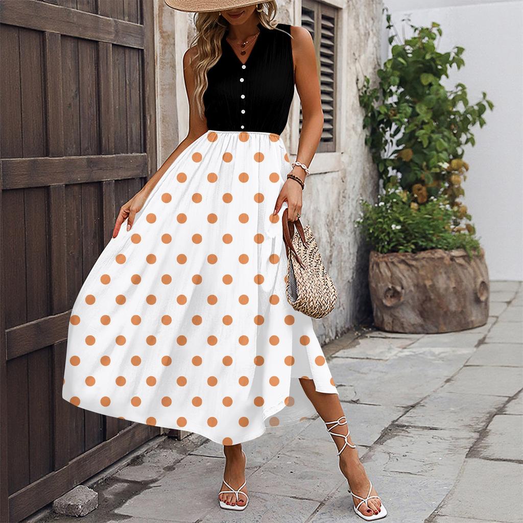 Women's Casual And Fashionable V-neck  Sleeveless Printing Mid Length Dress