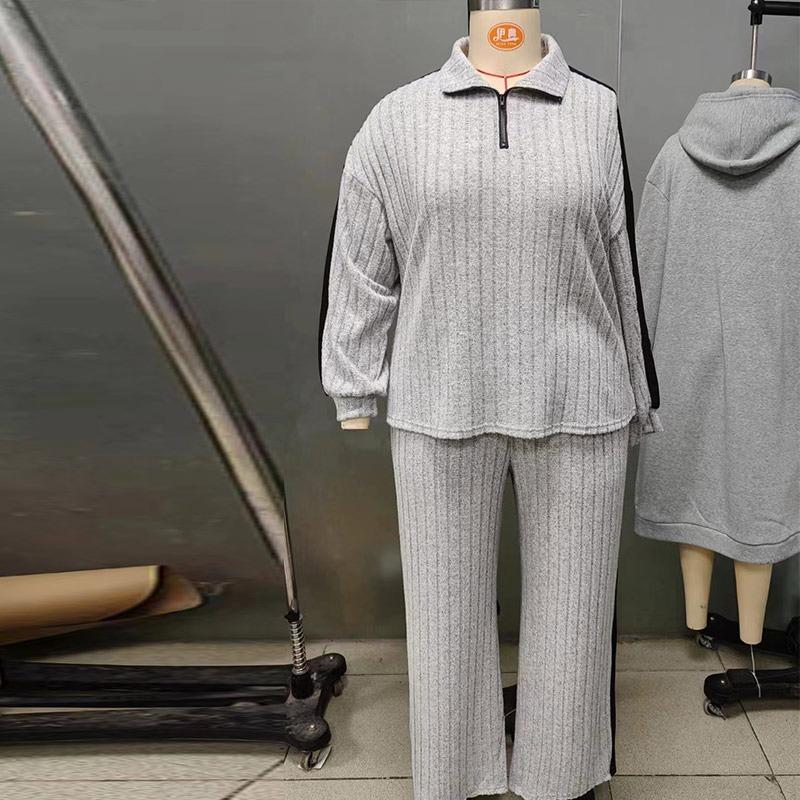 Женский повседневный ребристый спортивный костюм с воротником-поло, дизайн Sense, толстовка с капюшоном, широкие спортивные штаны, комплект из двух предметов