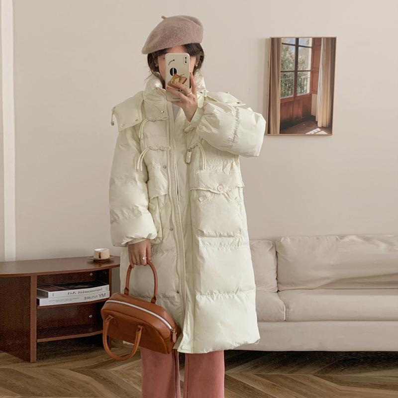 Women's Long Loose Light Down Jacket Autumn Winter Hooded Straight White Duck Down Coat Stand Collar Big Pocket Solid Color