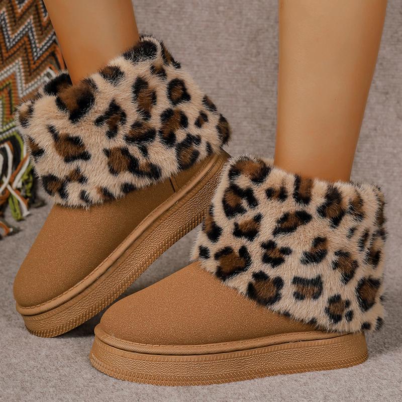 Модные зимние сапоги из искусственного меха для женщин, ботильоны на толстой подошве, модные леопардовые утолщенные пушистые туфли 2024 года, зимние теплые замшевые короткие сапоги