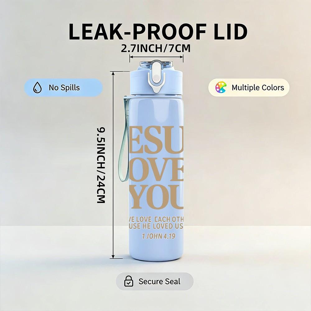 1PC Jesus Loves You Text 750ml Color Plastic Sports Water Bottle Leakproof Flip Straw Lid Suitable for Sports Office Home Use
