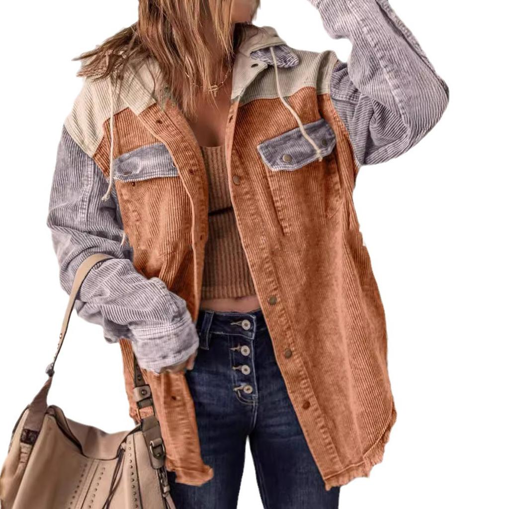 Женская осенняя вельветовая куртка с капюшоном и длинными рукавами с пряжкой и капюшоном с карманом
