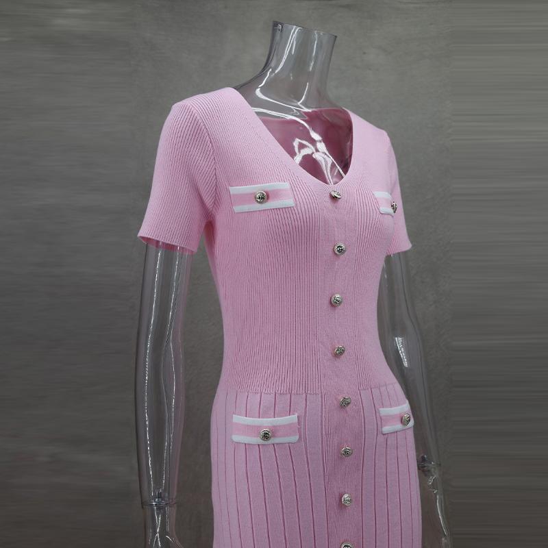 Knit Button Ribbed Slim Hip Package Women Long Dress Early Autumn V-neck Short Sleeve Female Robe