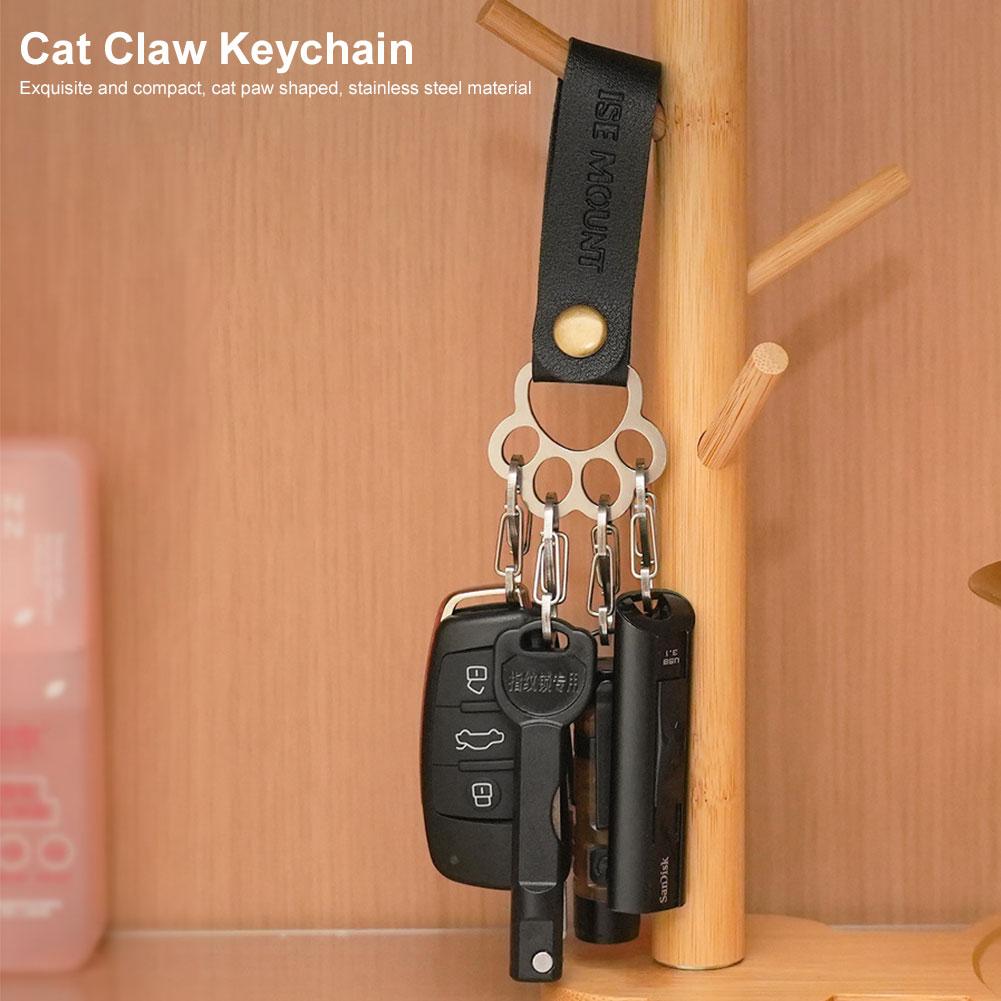 Outdoor Leather Cat Claw Stainless Steel Keychain Multifunctional Key Chain Camping Keychains Quick Hanging Hiking Accessories