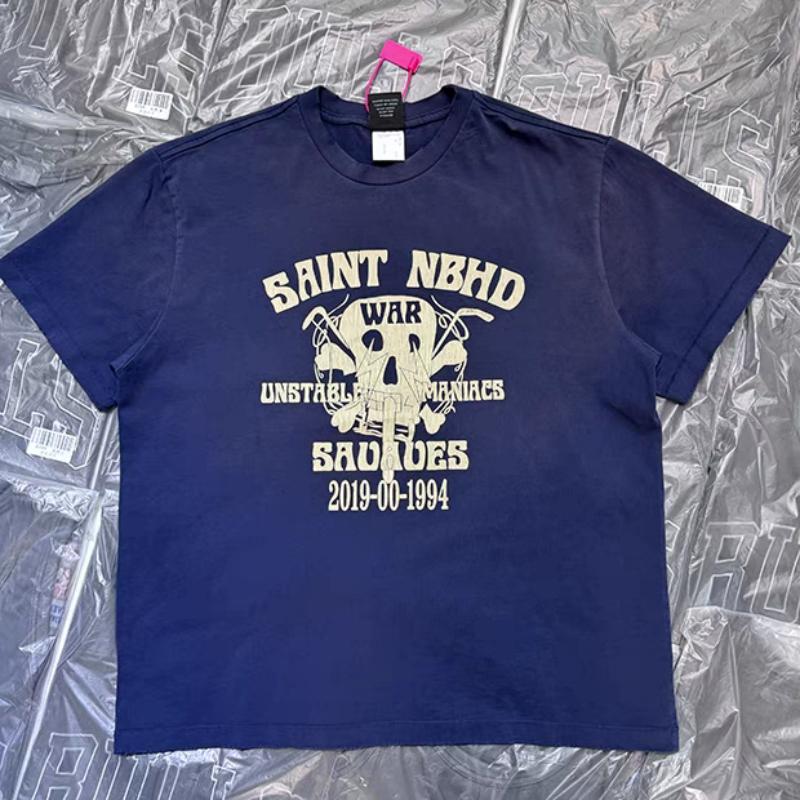 Vintage Washed Navy Cotton TShirt Unisex Saint Gothic Skull Crossbone Print Oversized Retro Hip Hop Streetwear Tee