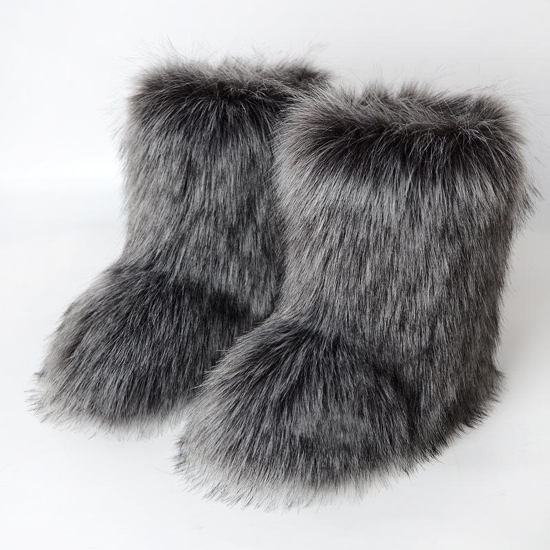 Women Faux Fur Boots Winter Fluffy Plush Warm Mid Calf Snow Boots Luxury Fashion Furry Boots Comfortable Outdoor Flat Shoes