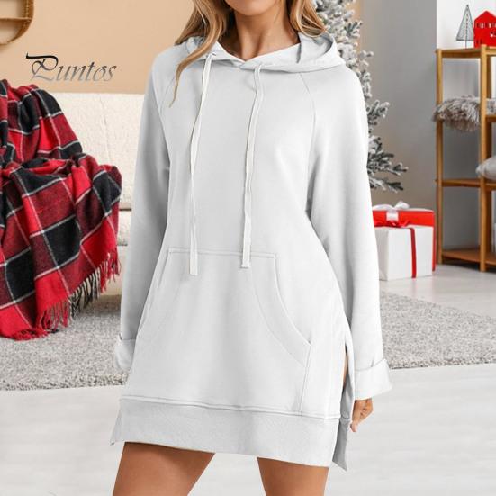 Женское платье с капюшоном, свободный однотонный цвет, с разрезом, завязками на талии, с большим карманом, с капюшоном, средней длины, для поездок на работу, свиданий, спортивная толстовка с капюшоном