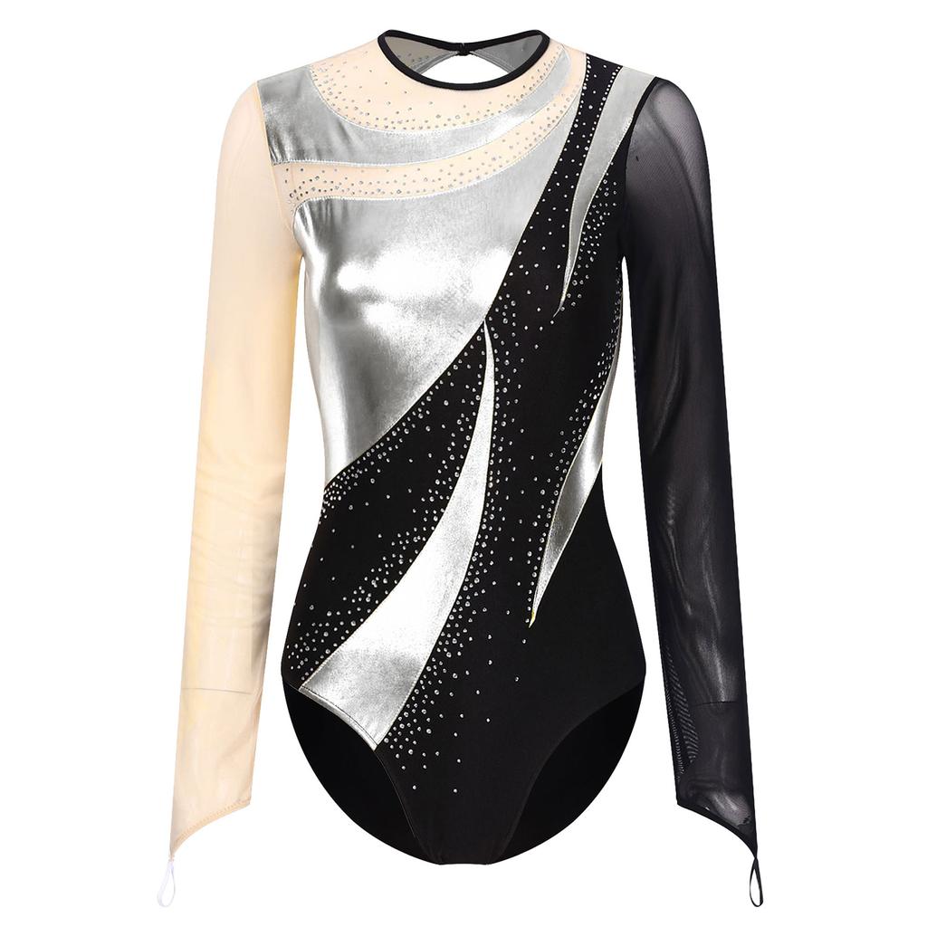 Женский сетчатый лоскутный гимнастический трико с длинными рукавами, боди для фигурного катания, костюм для выступлений