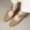 Овечья кожа Лето Весна Осень Низкий каблук Женские туфли Мэри Джейн с квадратным носком Неглубокие хрустальные туфли-лодочки