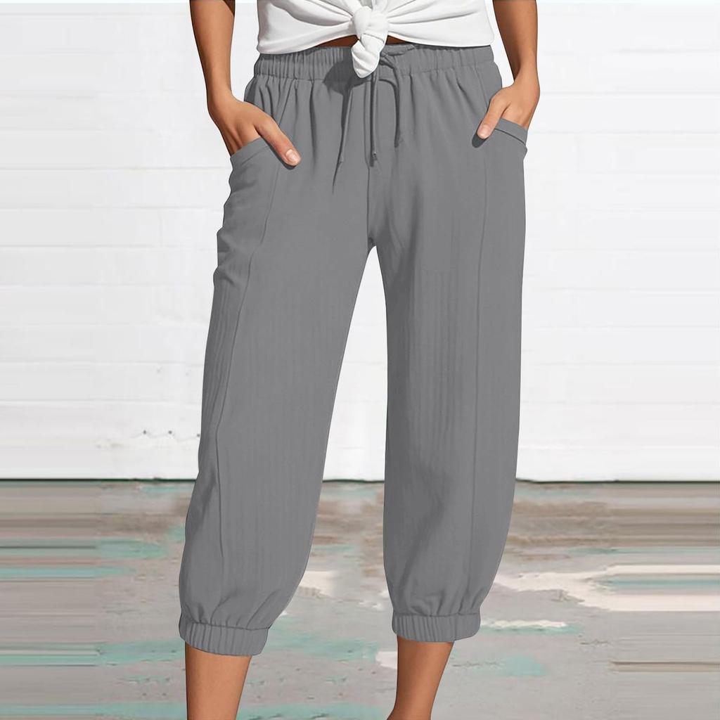 Women's Summer 3/4 Trousers Summer Trousers With Pockets Causal Loose Trousers Fabric Trousers Sport Leisure Beach Trousers