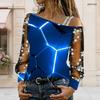 Plus Size Women Asymmetric Shoulder Long Sleeve Top Tie Dye Swirl Print Mesh Lace Splicing Blouse