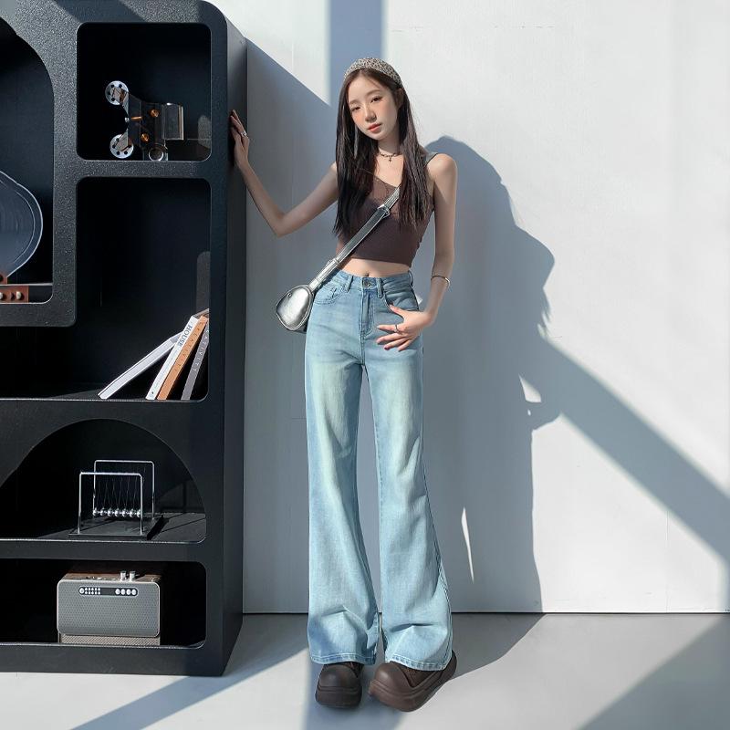 Tencel micro-pull jeans women's summer new high-waisted slim-fitting elastic and thin versatile horseshoe flared pants