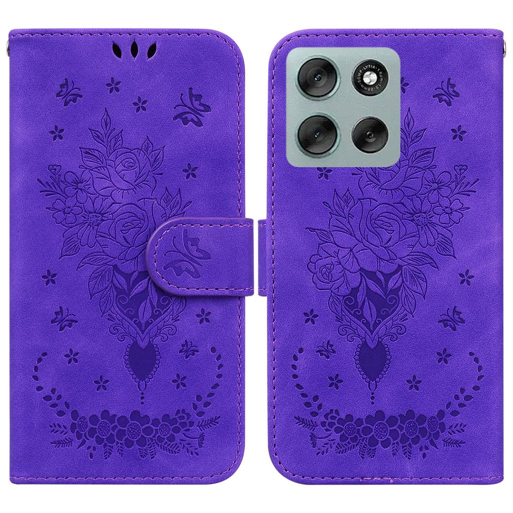 For Motorola Moto G56 5G Case Butterfly Flower Imprint PU Leather Wallet Phone Cover with Strap