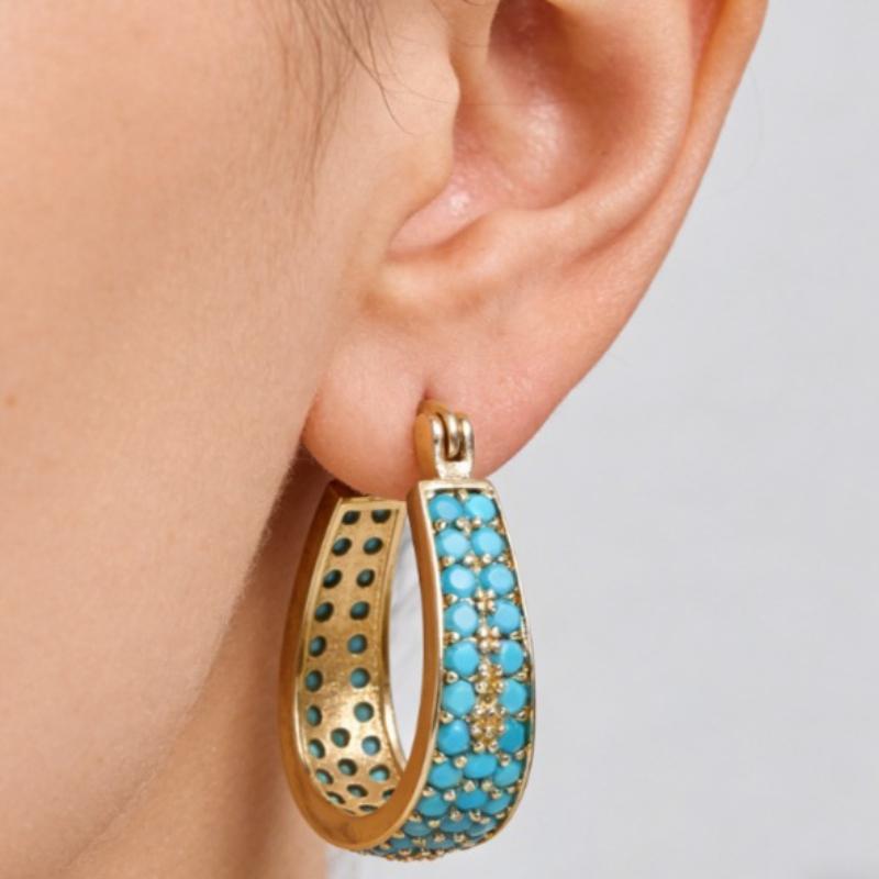 Краткие Серьги-кольца с инкрустацией синтетической бирюзой Женские Винтажные Элегантные Позолоченные Банкетные Ювелирные Изделия Аксессуар Поделки
